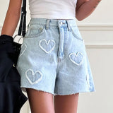 And Cute Hairy Heart Pattern Denim Shorts Women's Summer New High-Waisted Loose Thin Leg