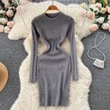 Women Striped Midi Sweater Dress Long Sleeve Elastic Waist Slim Warm Dress Fashion 2022 Ladies Thick Knitted