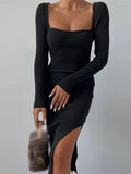 Women Square Collar Split Knitted Dress Slim Sexy High Waist Long Sleeve Lady Pencil Dresses 2022 Autumn Winter Party Lady