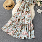 floral print Sexy ruffles Summer off shoulder chiffon long dress Party elastic waist Women casual beach holiday tunic