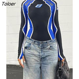 Racing Contrast-color Patchwork Bodysuits Women Motorcycle Long Sleeve Skinny Playsuits Moto & Bkier Bodysuit