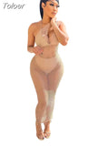 Hollow See Through Beach Maxi Dress for Women Sexy One Shoulder Backless Bandage Bikini Cover Up Sleeveless Boho