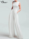 Long Jumpsuits Women Elegant Pockets Party Sleeveless Rompers 2022 Summer Fashion Casual Pleated Wide Leg Pants