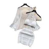 Wearing A Holiday Style Suit Female Retro Hook Hanging Neck Vest + Hollow Open Shirt + Half-Dress Three-Piece