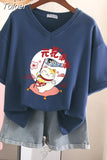 100% Cotton M-6XL T Shirt Japanese Cartoon Anime Tshirt Short Sleeve Women's Top Summer Couple V Neck Oversized T
