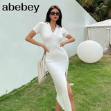 Dress 2022 White Black V Neck Tight Knitted Dress With Slit Y2k 90s Plus Size Short Sleeve Bodycon Midi Womens