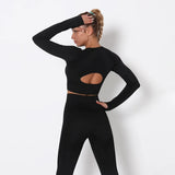 Long Sleeve Running Shirts Sexy Exposed Navel Workout T-shirts Solid Sports Shirts Quick Dry Fitness Gym Crop