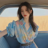 Toloer Spring And Summer New Small Shirt French Single Special Top Design Small Smell Blue Printed