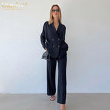 Casual Loose Blue Trousers Suits Fashion Long Sleeve Blazer With High Waist Straight Pants 2 Piece Sets Womens