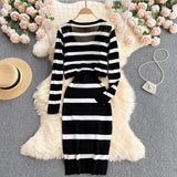 and White Striped Long Sleeve Knitted Sweater Cardigan and Spaghetti Strap Bodycon Midi Dress Suits Women Two Pieces