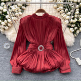 French-Style Waist-Low-Down Shirt Female Careful Machine Strap Design With A Chic Folded Lotus Leaves Hem French