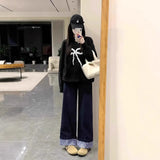 Blue Roll Edge Design Wide Leg Slack Women 2025 Spring And Autumn High-Waist Loose Straight Straight
