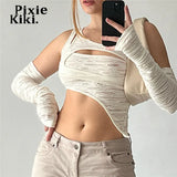 Asymmetrical Cut Out Cropped Top with Arm Sleeves Fairycore Y2k Streetwear White T Shirts for Woman Clothes