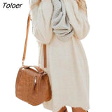 Women Autumn Solid Color O Neck Plush Sweater Fluffy Loose Knee-length Dress Knitted Casual Clothes Solid