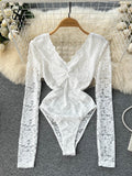 Sexy Lace Playsuits Women V Neck Long Sleeve Slim Short Rompers Fashion Women Perspective Backless Party