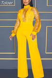 Fashion Mesh Sequin One Piece Jumpsuit Women Turtleneck Lantern Long Sleeve Romper Luxury High Waist Wide Leg Body