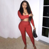 Autumn New Deep V-neck Long-sleeved Top + Trousers Solid Color Street Hipster Women Stitching Line Sports Two-piece