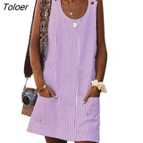 Casual Women Solid Color Pocket Mini Dress Sleeveless Button Sundress Summer Elegant Fashion Women's Clothing