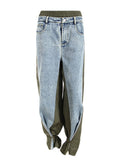 Fashion Women's Jeans New Versatile Contrast Color Spliced Elastic Waist Loose Straight Denim Pants Summer 2023 New