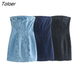 Women Fashion Off Shoulder Strapless Slim Short Denim Mini Shirt Dress Ladies Side Zipper Casual Party Vestidos