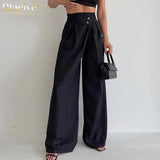 Fashion Beige Women Pants 2022 Casual Loose Office Lady High Waist Pants Elegant Chic Irregular Pleated Female
