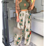 Summer Casual BM Style Plain Sleeveless Cross Sexy Halter Crop Top & Floral Print Wide Leg Pants Set Two Piece Suit