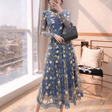 New Fashion Ladies Embroidered Flower Dress Women Elegant Vintage Mesh Patchwork Lace Long Party Dress Female