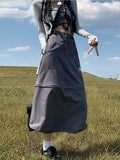 Vintage 90s Cargo Skirt Long Women Autumn Casual High Waist Detachable Patchwork A-line Midi Dress Korean