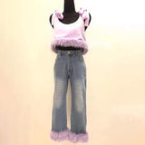 Skinny Two Piece Set Womens Square Collar Sleeveless Tops High Waist Denim Trousers Patchwork Feathers Female