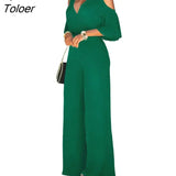 Women Sexy Off Shoulder Flare Sleeve Palazzo Wide Leg Pants Jumpsuit Vintage Elegant Loose Romper Streetwear V Neck Long