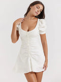 New Women's White French Sexy Short Dress V Neck Bubble Sleeve Summer