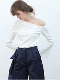 White Asymmetrical T Shirt For Women Slash Neck Long Sleeve Solid Minimalist Spring T Shirts Female Fashion