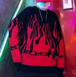 Winter Harajuku Flame Knitting Batwing Sleeve Sweater Casual Long Women Tide Printed Sweater Loose Boyfriend