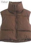 Solid Stand Collar Cropped Waistcoat Puff Vest Women Casual Sleeveless Zipper Jackets Autumn Winter Warm