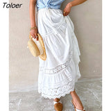 Boho Elegant White Long Skirt Women Hook Flower Hollow Folds Hem High-waisted Skirts Casual Holiday Female Clothes