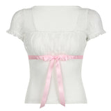 Ribbon Bowknot Lace Patchwork Tee-Outfit