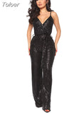 Women Sexy V Neck Sequins Long Sleeve Casual Belt Overalls Female High Waist Playsuit Elegant Ladies Party Club