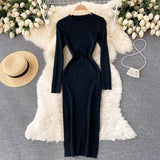 Women Autumn Knitted Dress Long Sleeve O Neck Elastic Slim Pencil Dress Korean Style Sexy Bodycon Sweater
