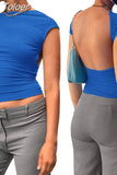 Backless T-shirt Women Casual 2023 Summer O Neck Y2K Crop Tops Short Sleeve Streetwear Fit Slim Base Tees Female T