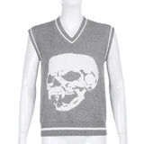 2022 Women's Knitted Vest Blue Skull Print Sleeveless Sweater Vest Waistcoat Casual Oversize Vest Pullover Green
