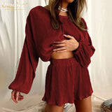 Fashion Blue Pleated Womens Two Peice Sets Casual Loose Long Sleeve Shirt Matching Shorts Set Elegant Home Female