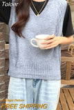 Vintage knitted Sweater Vest Women V-neck Fashion Sweater Pullover Solid Sleeveless Tops For Women Autumn