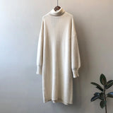 Women's Turtleneck Roll Collar Lantern Sleeve Sweater Dress White Purple 2022 Winter High Neck Loose Relaxed Knitted
