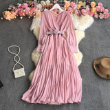 New Spring Autumn Temperament V-Neck long sleeve Dress high waist lace up waist solid color long A-line Pleated