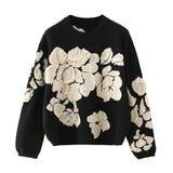 Autumn Winter Floral Print Sweater Women Knitted Pullover Femme Sweaters High Quality Knitted Oversize black Sweater