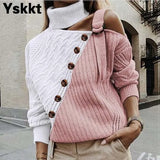 Sweater Women One Shoulder Knitted Long Sleeve Button Pullover Jumper Autumn Winter Streetwear Casual Jumper