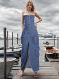 Toloer 2024 New Street Hipster One-Word Shoulder Retro Design Sense Strapless Dress Female Slit Long Skirt-Outfit