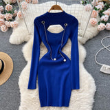 Hollow Out Sexy Sweater Dress Temperamant Fashion Chain Long Sleeve Slim Ladies Autumn Korean Elastic Knitted