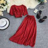 Women Two Piece Set 2022 Sexy Summer Outfits Woman Clothes Fashion V Neck Crop Top + Slim A-line Long Skirts Suits 2 Pc