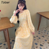 Women Sweet Casual Streetwewar Cute Tender Yellow Floral Mid Calf Long Sleeve Lovely All-match Vestido Clothing